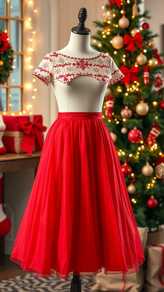 Festive Christmas Dress with Skirt and Top A festive Christmas dress with a red skirt and white top, displayed in a holiday-themed setting.